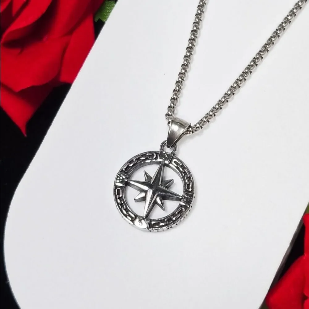 Compass Necklace 316L Stainless Steel 24” Men's Viking Norse Nautical Pendant